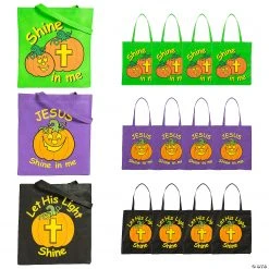 15" x 15" Large Nonwoven Glow-in-the-Dark Christian Pumpkin Tote Bags - 12 Pc.